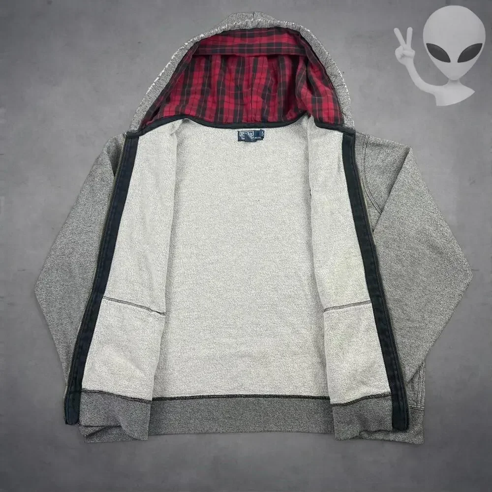 Polo Ralph Lauren Hoodie Size 2XL Grey Full Zip Plaid Lined Hood Jacket vintage - Picture 3 of 6